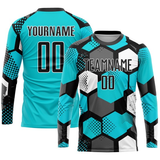 Sublimation Uniform Custom Soccer Aqua Black-White Jersey